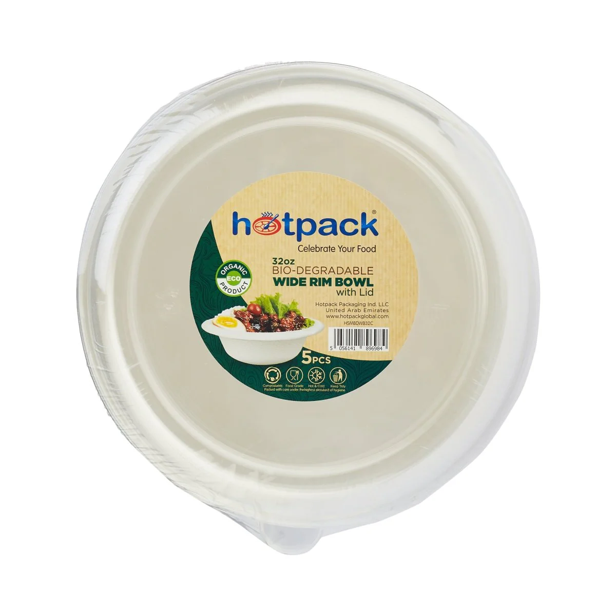 Bio-Degradable 32 Oz Wide Rim Bowl With Lid 5 Pieces
