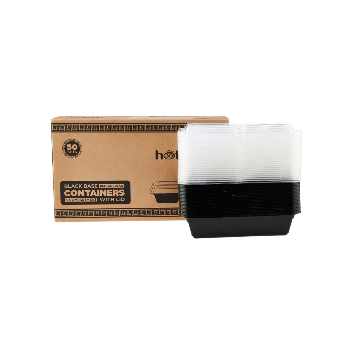 Black Base Rectangular Microwavable Compartment Container with Lids - Image 3