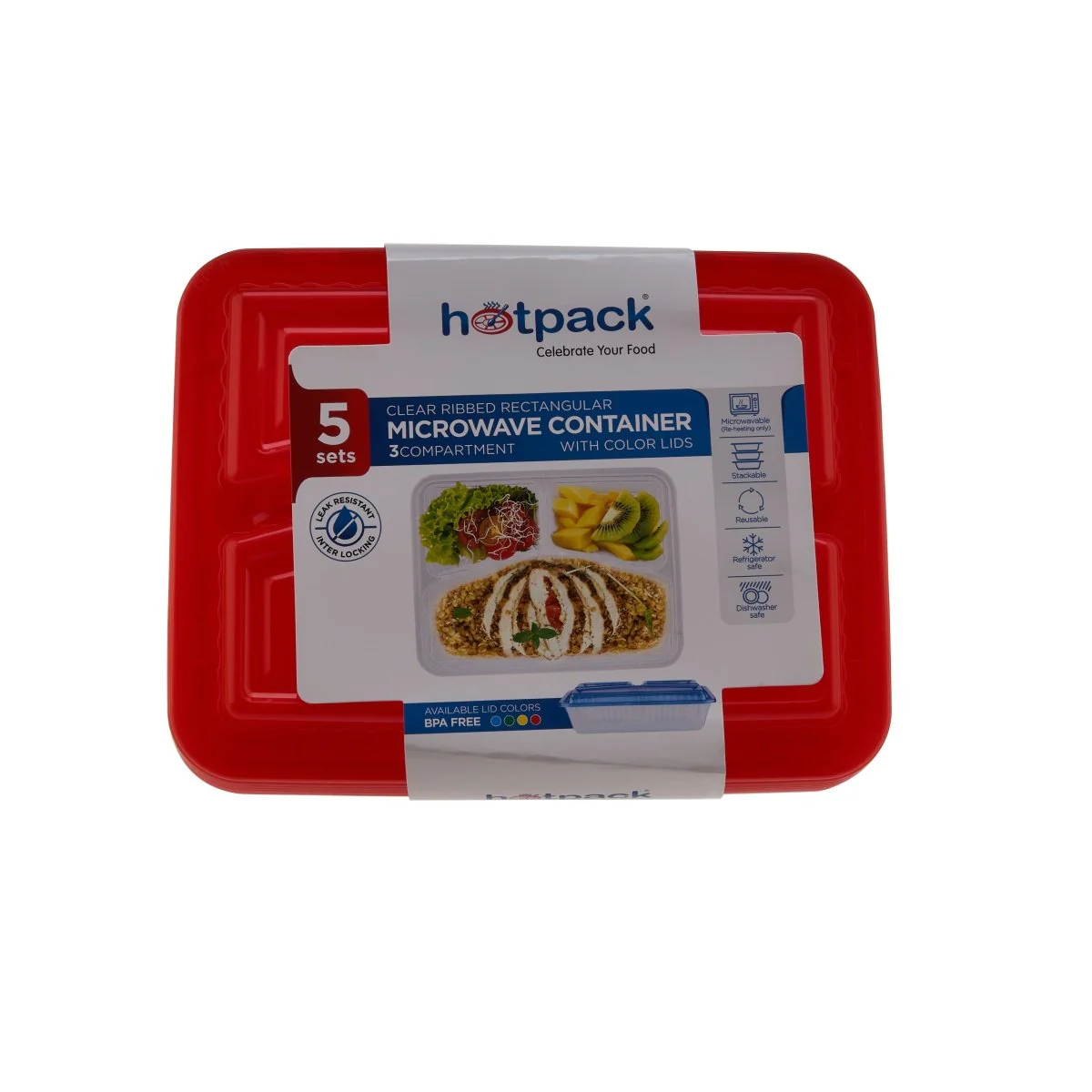 Clear Ribbed Rectangular Microwave Compartment Container with Color Lids 5  Pieces - Image 13