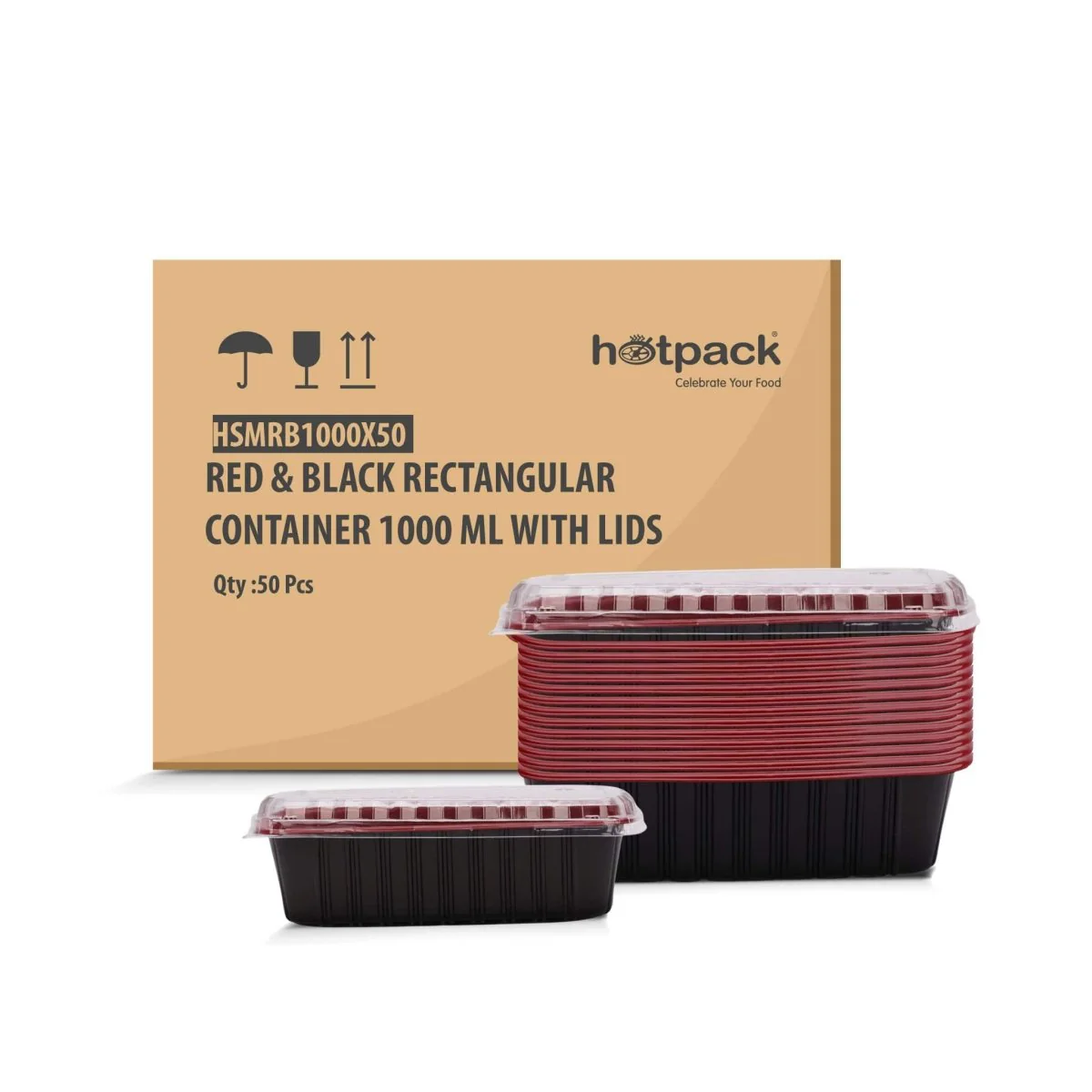 Red & Black Rectangular Meal Prep Container 1000ml + Lid 50 Set