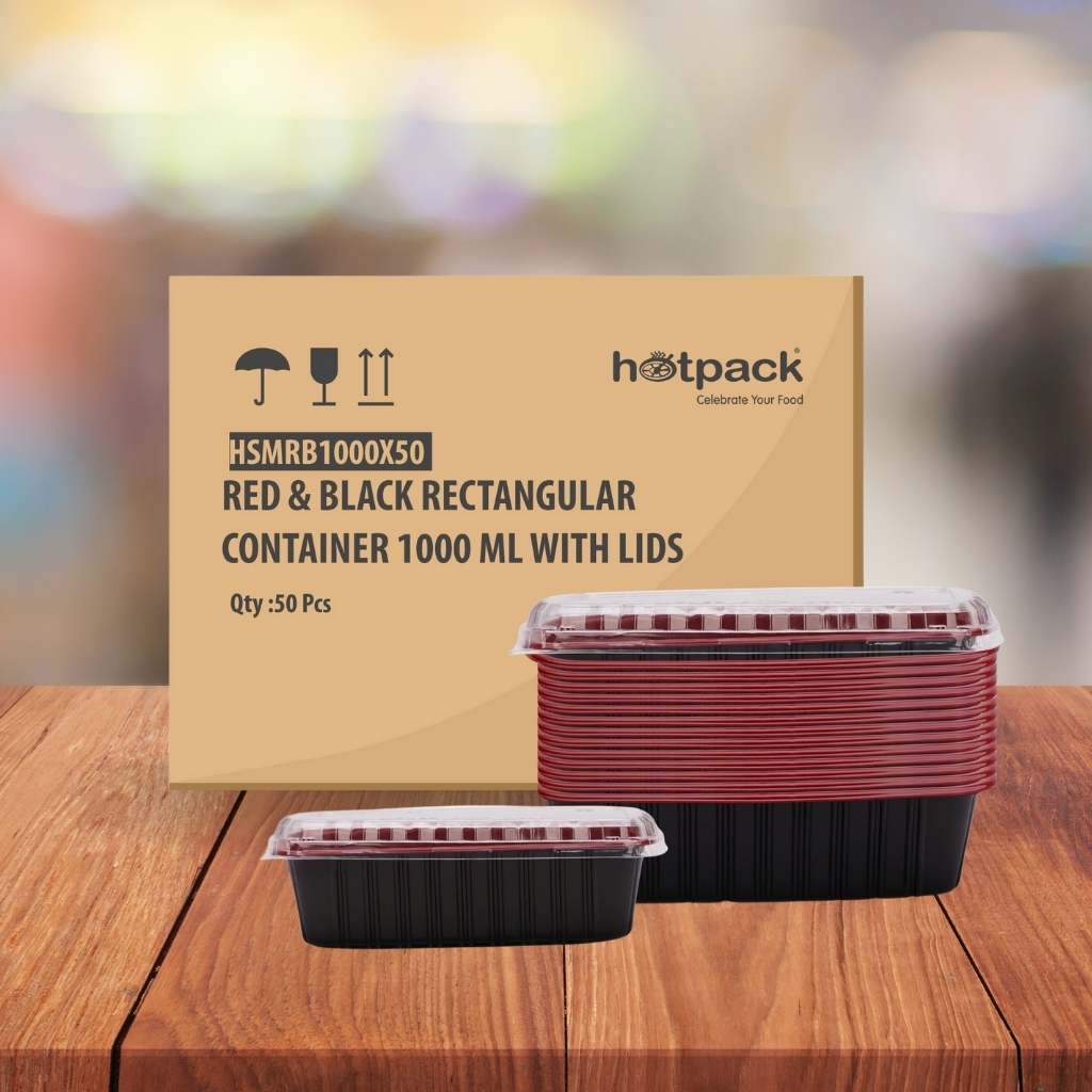 Red & Black Rectangular Meal Prep Container 1000ml + Lid 50 Set - Image 2