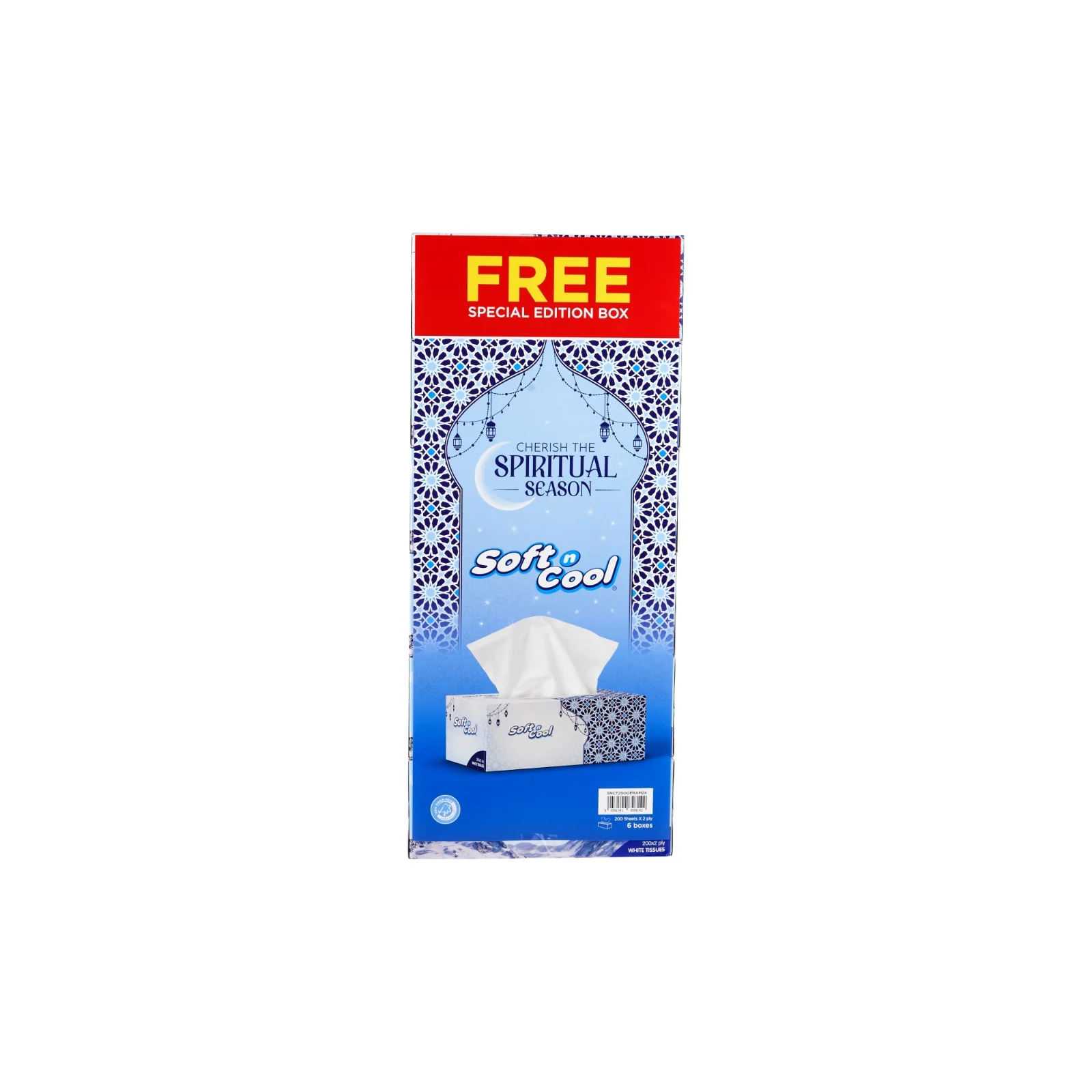 Soft n Cool 200 Sheets x 2 Ply 5 Boxes + 1 Box Free Ramadan Theme Facial Tissue